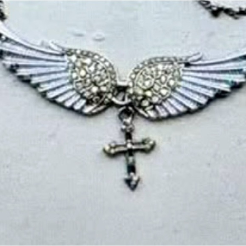 Silver Winged Necklace with Cross Pendant